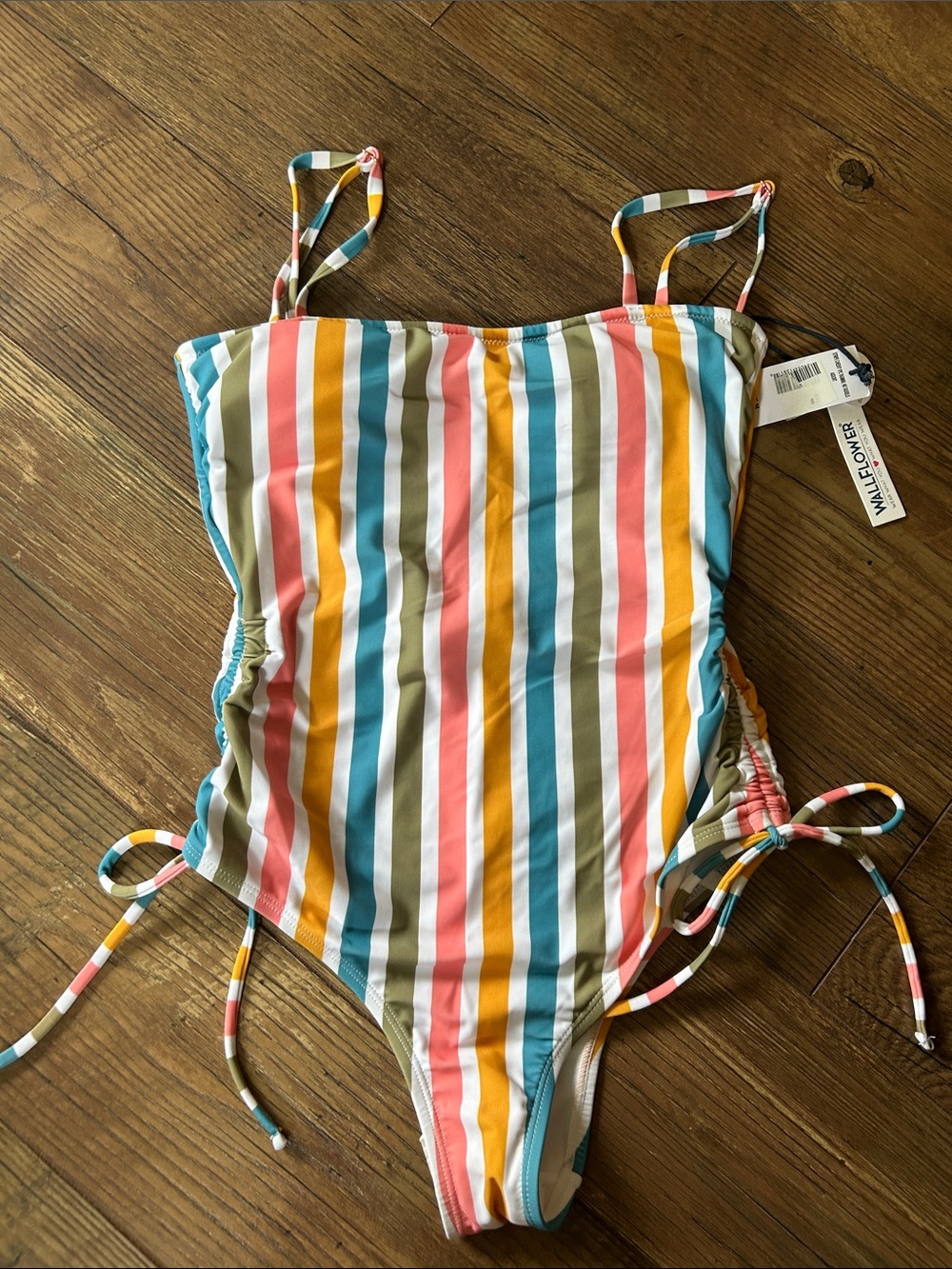 Wallflower Multicolor Striped One-Piece Swimsuit — Blue, Coral, Mustard & Tan